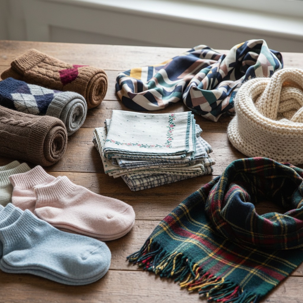 A selection of handkerchiefs, socks, and scarves.